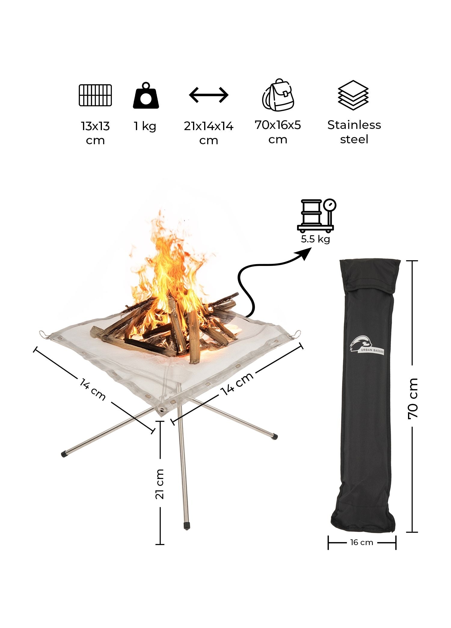 Urban Badger Surtur Fire Stand, Outdoor, Camp Fire Pit, Stainless Steel Mesh Chimney, With Carry Bag, Folding Stand, Picnic, Festival Fire